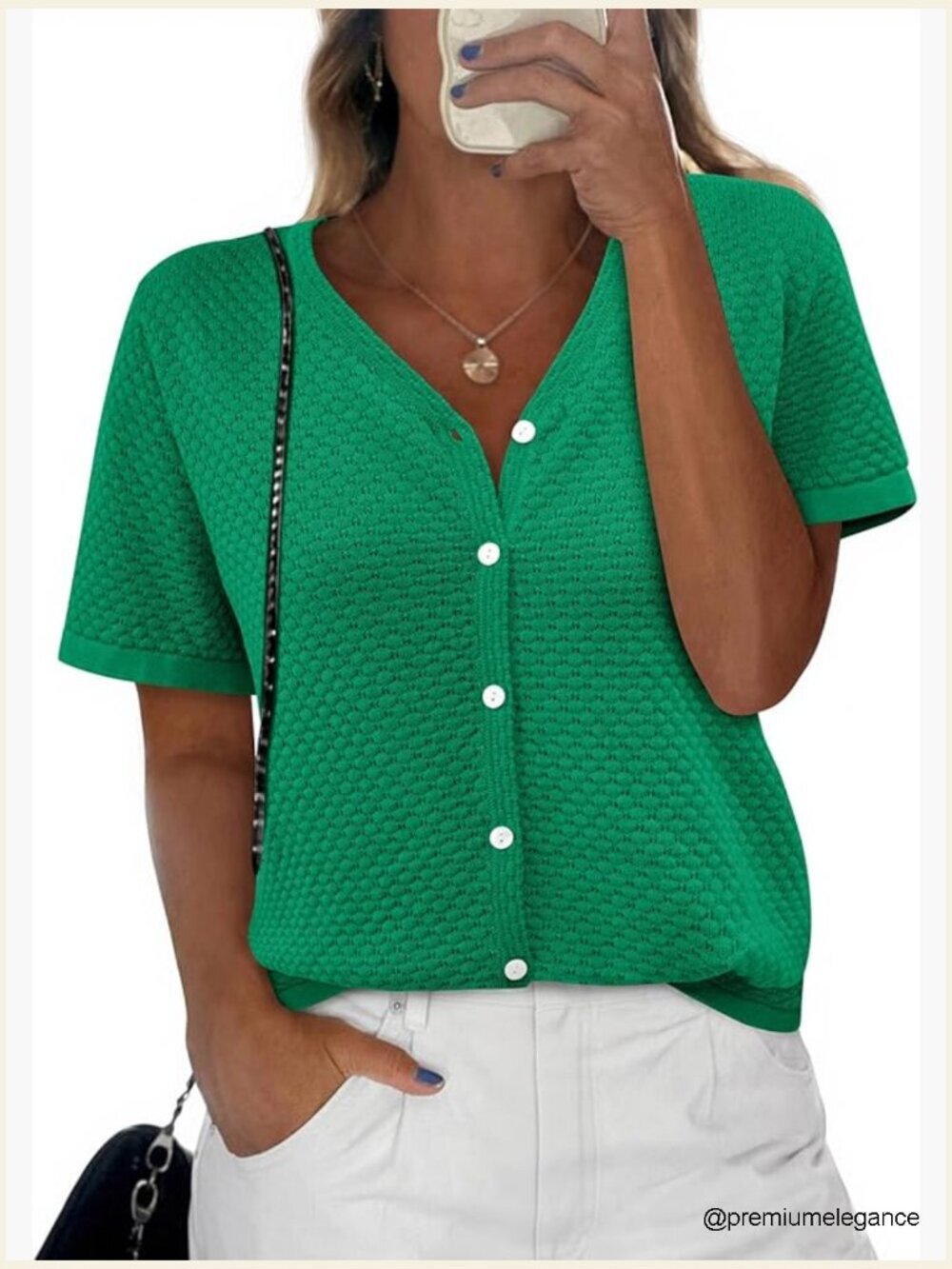 Short Sleeve V-Neck Button Down Knit Blouse Cardigan